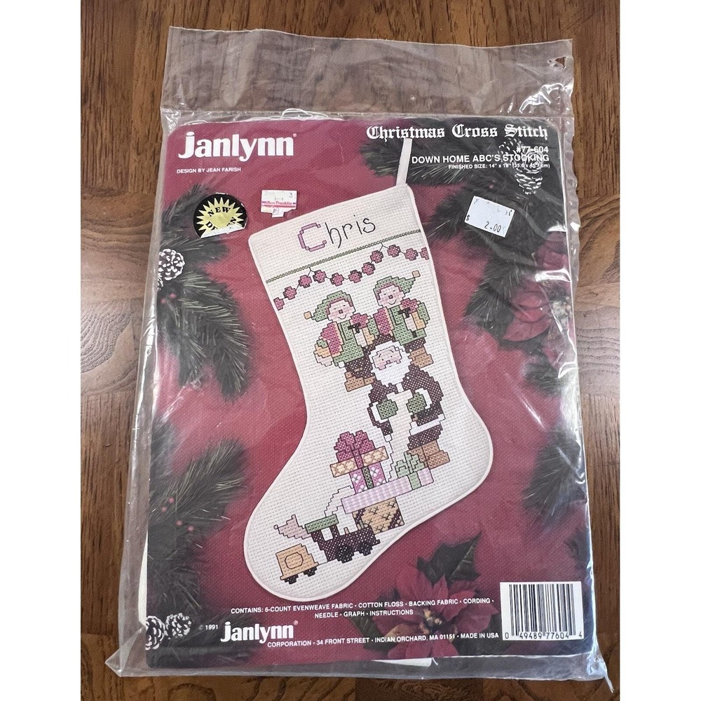 Janlynn Christmas Cross Stitch Down Home ABC's 77-604 Elves Santa Stocking New